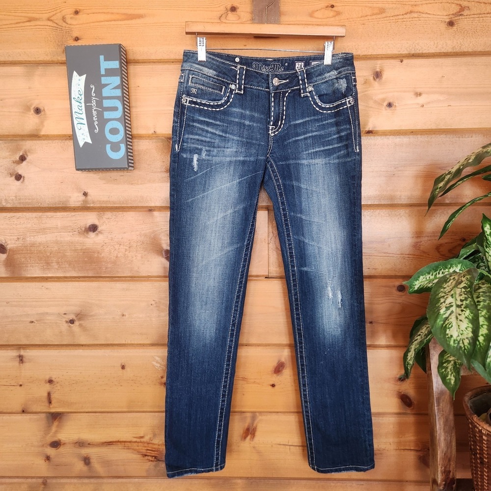 Miss Me JP5109SK2 Skinny Distress Jean Embroider Stud Fluer De Lis 28(30") X 30"